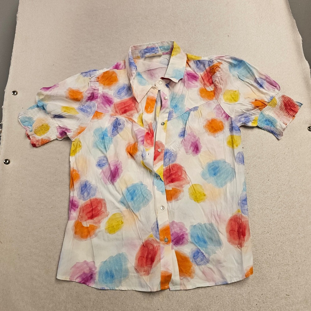 Entro Womens Watercolor Polka Dot Puff Sleeve Button Up Blouse Large Rainbow